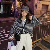 ins Super fire T-shirt female Spring and Autumn New Korean tide bf lazy wind thin V collar loose striped coat clothes