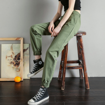 Army green bunch foot overalls women spring and autumn 2021 New loose straight tube Joker slim Student high waist casual pants
