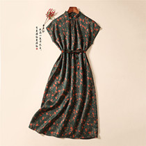 Xiangyun yarn silk vintage print cheongsam modified French stand collar dress mulberry silk short sleeve A- line dress summer