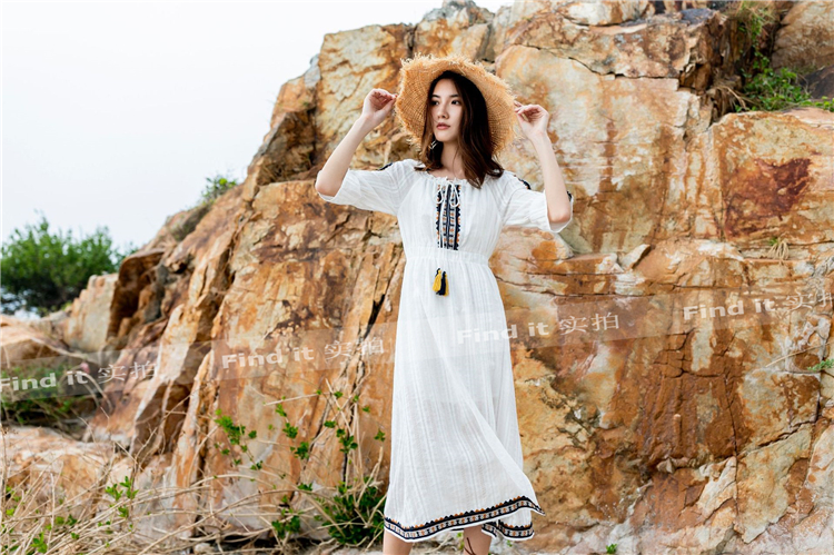 Váy cotton trắng khí chất thời trang Âu Mỹ sản phẩm mới của phụ nữ cổ lá sen mỏng và eo cao váy đi nghỉ lễ - Sản phẩm HOT
