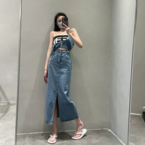 Net Red Fried Street 2022 Summer Design Section Detachable Denim Harness Blouse High Waist Half Body Dress Two Suit Women