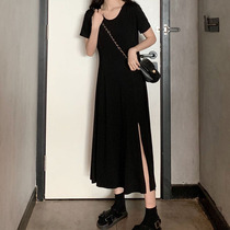 In 2021 the new heart - machine crowd crossed the knee T - shirt dress long black open - leisure dress
