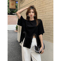 2022 new port Wind retro chic Korean version small crowdsourced irregular lace loose short sleeve T-shirt jacket Womens summer