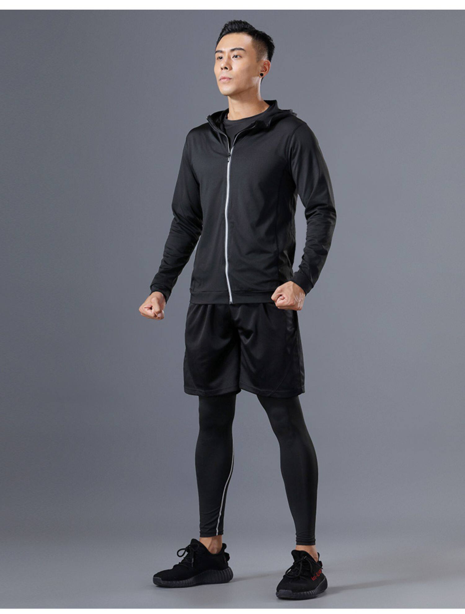 跑步套装男速干春秋季夜跑晨跑健身房运动服秋冬篮球训练紧身衣服