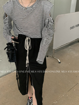 MLS niche design skirt high waist split skirt womens summer black half skirt long bag hip skirt one step skirt