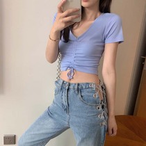 Black short sleeve t-shirt women 2020 new summer short vneck jacket Korean version inside base shirt drawstring body shirt