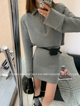 MLS design feel waist dress women polo temperament skirt autumn wear new 2021 long sleeve chic short skirt