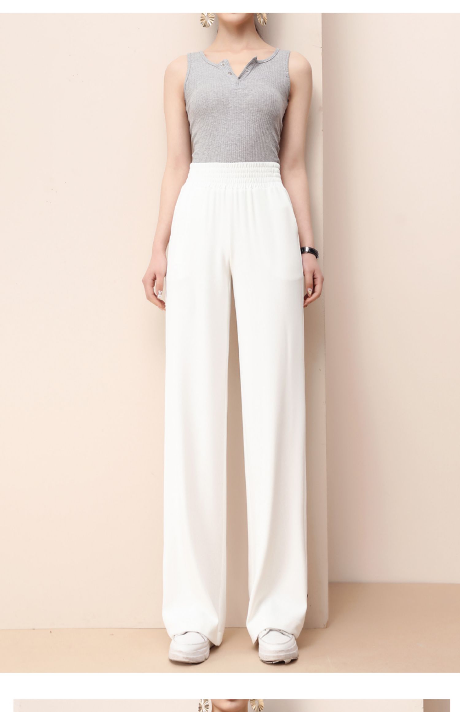 白色雪纺阔腿裤女夏季薄款垂感冰丝直筒裤高腰拖地宽松弹力休闲裤