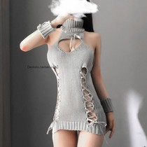 Uniform Seduction Tops Turtleneck Sexy Back Sweater Mid-length Pullover Knit Hollow Out Lace Adjustable