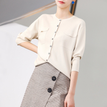 (ZZ0122429) Retro chant beauty relaxed sense fashion pocket round neck sleeve knitted pullover