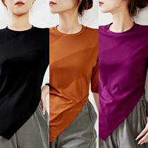 ^ @ ^ jung Mei (TX0221359) slanted Liu Hai short T design sense inclined open fork round collar 50% sleeve T-shirt