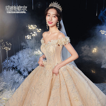 Shoulder wedding dress female 2021 new bride temperament long tailing luxury luxury simple princess style wedding dress