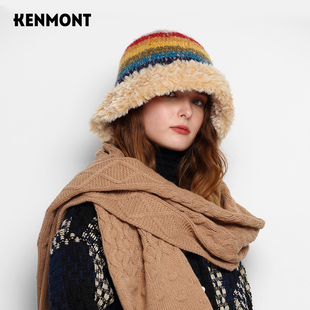 卡蒙时尚彩虹毛线帽秋冬季保暖动物毛手工编织帽可折叠针织帽女潮
