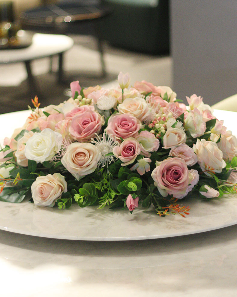 酒店餐桌花摆花大圆桌中间摆件会议室餐厅轻奢转盘仿真花高端假花