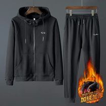 Sweatshirt mens sports suit hooded long sleeve loose Autumn and Winter fattening plus size fat guy plus velvet two-piece set