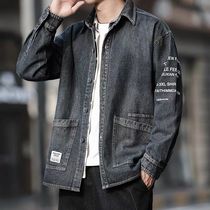 Spring and autumn season Mens tooling Han version Trend jacket Fat Loose Casual Turnover plus Fat Increase Code Cowboy jacket