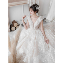 Main wedding dress 2021 New temperament bride female v collar thin Starry Sky simple atmosphere long tailed light door