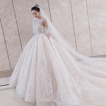 Long sleeve main wedding dress 2021 New temperament bride female simple small man Heavy Industry luxury atmosphere tailing light