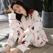 Flannel moonwear pregnant womens pajamas womens autumn and winter plus velvet padded coral velvet pregnancy breastfeeding set