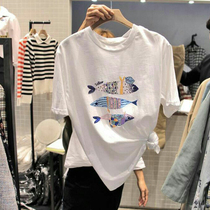 Korean Version 2022 Summer Dress New Round Collar Small Fish Embroidery White Pure Cotton Big Code Loose T-Shirt Woman Ins Ultra Fire Short Sleeves