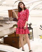 DVF Rose Red Floral Printed V Collar Knit Genuine Silk Wrap Dress