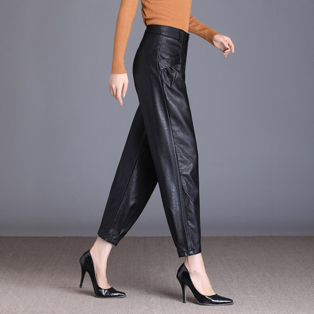 Harem pants women's 2020 autumn and winter new high-waist loose-fitting radish pants outer wear plus velvet nine-point leather pants bloomers Harem pants women's 2020 autumn and winter new high-waist loose-fitting radish pants outer wear plus velvet nine-point leather pants bloomers