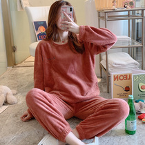 Autumn and winter warm velvet pajamas female thick coral velvet brick red student warm flannel winter home clothing set