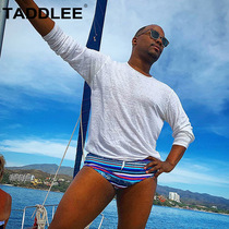 TADDLEE swimming trunks mens flat corner fashion sexy tide flower swimming trunks adult low waist hot spring seaside tight Korea