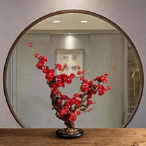 New Chinese fake flower simulation red plum living room study desktop porch dining table ornaments solid wood root carving flower art decorations