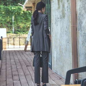 striped double-breasted long suit jacket + flared trousers suit 