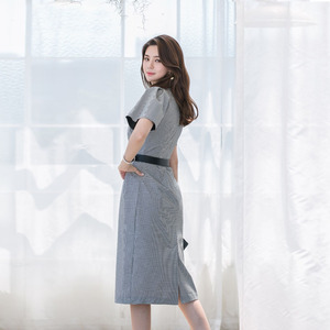 Korean version slim fit high waist closed waist temperament plaid belt split round neck dress