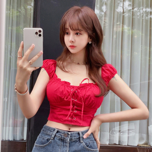 Korean fashion sexy tie waist style short large collar shirt top