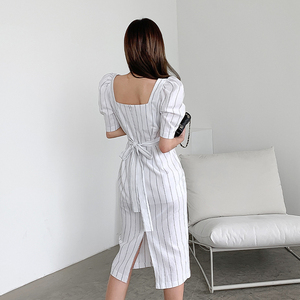 South Korean slim square neck cotton hemp women’s new summer temperament waistband stripe dress