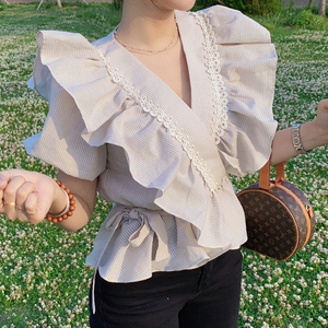 Korean summer lady sweet belt lace shirt Ruffle Stripe Shirt