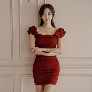 Spring and summer rib slim fit buttock half sleeve waist knit buttock dress