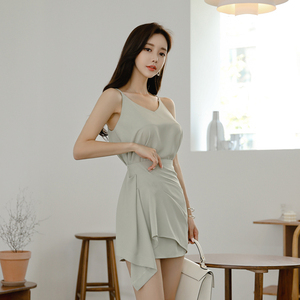 Korean slim sling V-neck sleeveless short A-line skirt half skirt two piece set