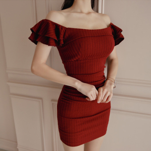 Spring and summer rib slim fit buttock half sleeve waist knit buttock dress