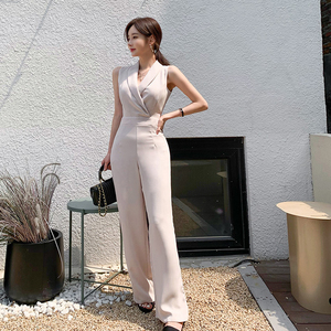 Korean slim fit waist closing temperament lace up waist sleeveless Lapel Jumpsuit