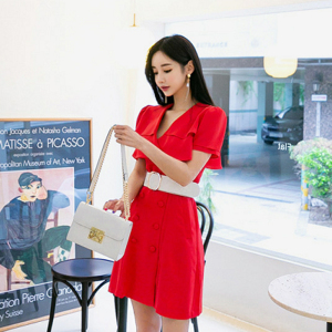 new Korean women’s temperament V-neck Short Sleeve Ruffle collar double row Button Waist Dress