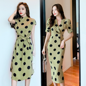 Korean version thin Avocado Green Dot Chiffon medium length lace up girlfriends dress