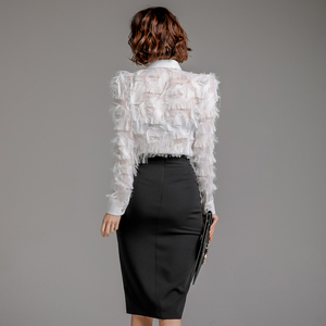 Spring style Korean fit temperament Lapel fringe shirt + belt split hip skirt