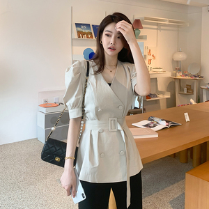 Korean summer new slim commuter linen double breasted belt top coat