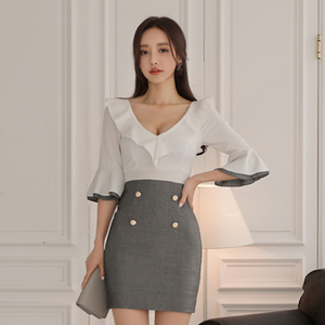 New Korean women’s temperament V-neck Ruffle Trim fashion contrast color fake two piece dress