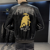 Leather clothing men slim body Korean trend handsome exquisite embroidery tide imitation leather 2021 New Spring leather jacket