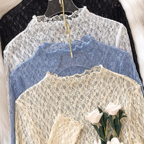 High collar lining net gauze base shirt womens long sleeve tulle sunscreen interior transparent thin gauze coat Foreign color lace top