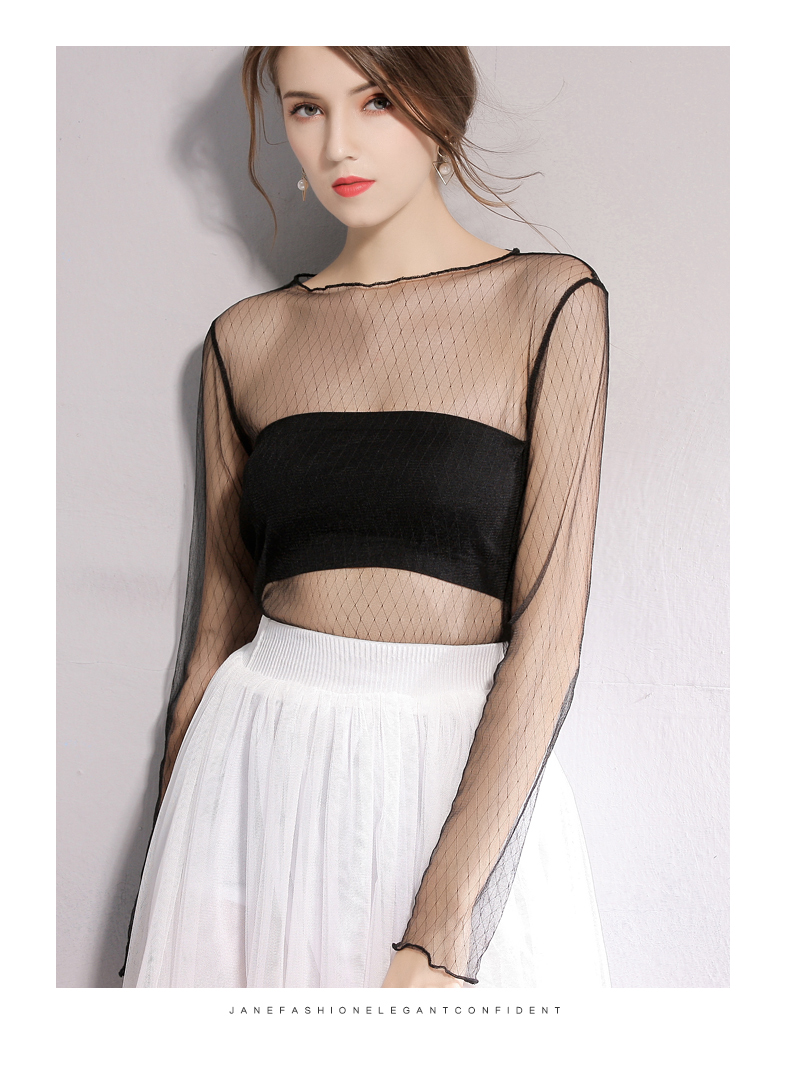 艳如飞黑色薄款蕾丝上衣女长袖透视性感网状纱衣罩衫