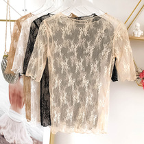 White lace base shirt Womens thin short-sleeved sexy hollow gauze dress with mesh half-sleeve skirt top