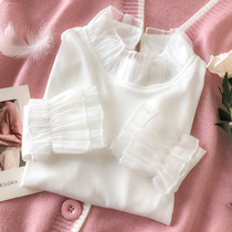 Spring and Autumn Lace collar base shirt women plus velvet long sleeve Joker foreign atmosphere European yarn sleeve mesh top