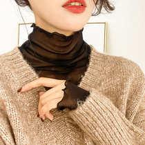 Lace base shirt female spring and autumn high collar European black plus velvet interior gauze clothing autumn winter chiffon mesh coat