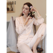 Pajamas female spring and autumn ice silk long sleeve two-piece set thin lace sweet court style summer Silk Home suit